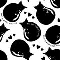 Vector seamless black-white pattern sleeping cats. Silhouettes of black cats and lettering all you need is love.